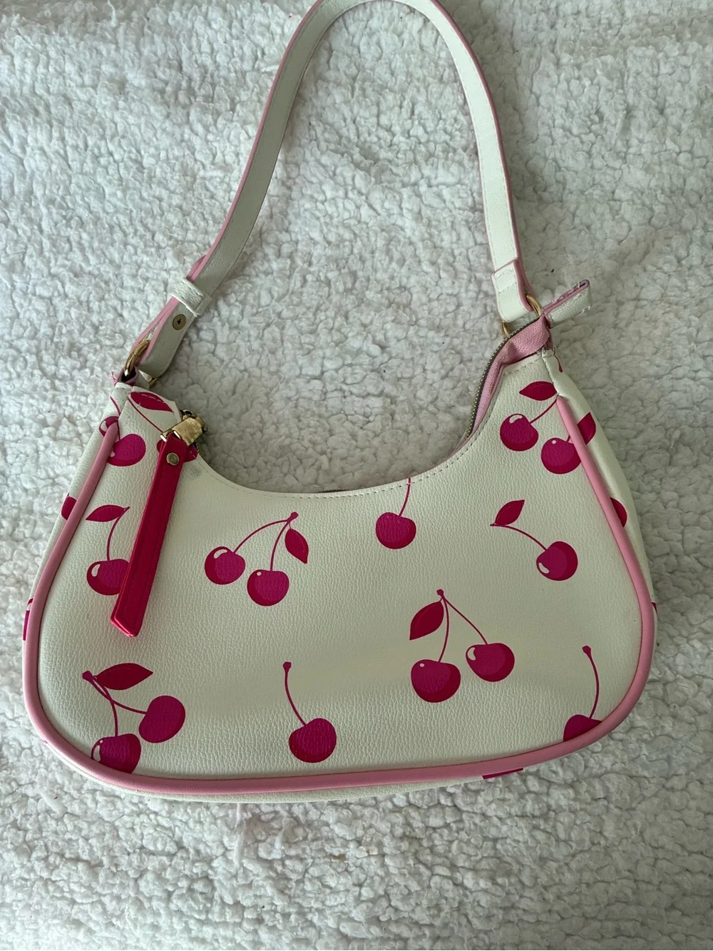 Claire's White Shoulder Bag with Pink Cherry Print